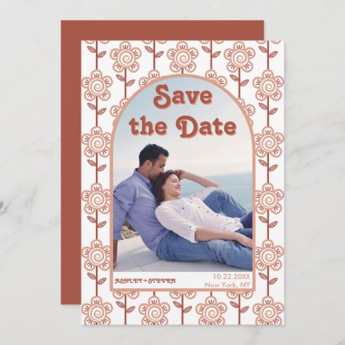 Retro groovy terracotta 70s inspired wedding save the date