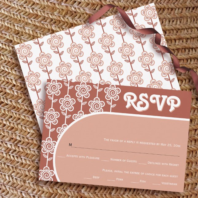 Retro groovy terracotta 70s wedding RSVP Card (Creator Uploaded)