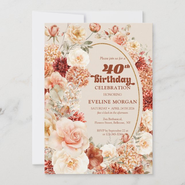 Retro groovy terracotta blush floral 40th birthday invitation (Front)
