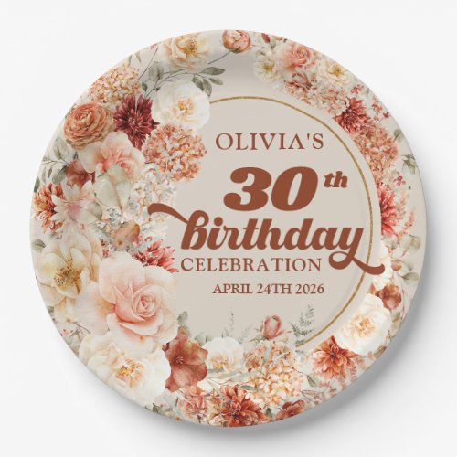 Retro groovy terracotta blush flowers 30 birthday paper plates