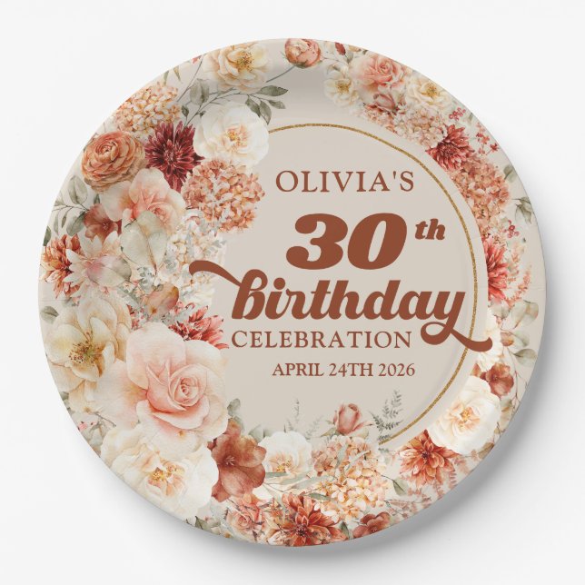 Retro groovy terracotta blush flowers 30 birthday paper plates (Front)