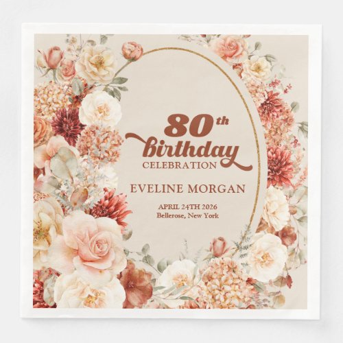 Retro groovy terracotta blush sage 80th birthday paper dinner napkins