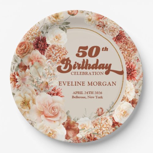 Retro groovy terracotta burgundy 50th birthday paper plates