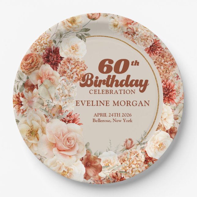 Retro groovy terracotta burgundy 60th birthday paper plates (Front)