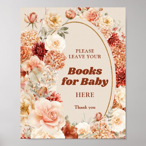 Retro groovy terracotta fall floral books for baby poster