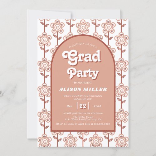 Retro groovy terracotta flowers 70s Graduation Invitation