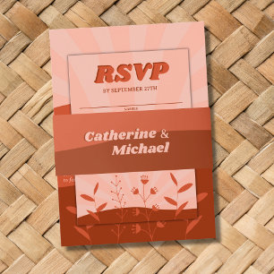 Retro Groovy Terracotta & Orange Boho Wedding Invitation Belly Band