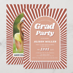 Retro groovy terracotta sunrays 70s Graduation Invitation