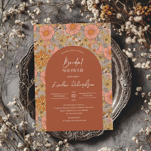 Retro groovy turquoise boho arch orange pink invitation