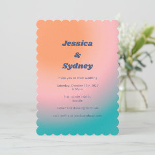 Retro Groovy Turquoise Pink Orange Unique Wedding Invitation