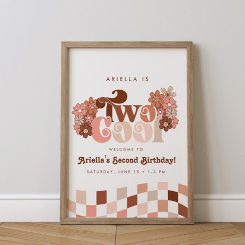 Retro Groovy Two Cool Girls 2nd Birthday Welcome Poster