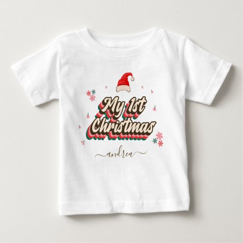 Retro Groovy Typography 1st Christmas Girls Name  Baby T_Shirt