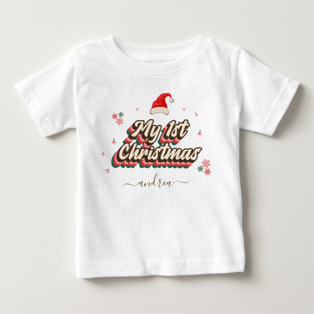 Retro Groovy Typography 1st Christmas Girl's Name  Baby T-Shirt (Front)