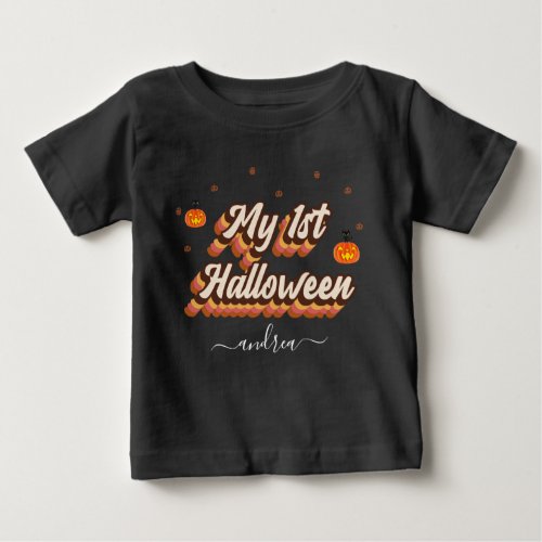 Retro Groovy Typography 1st Halloween Girls Name Baby T_Shirt