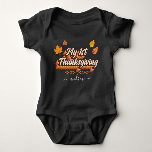 Retro Groovy Typography 1st Thanksgiving Girl Name Baby Bodysuit