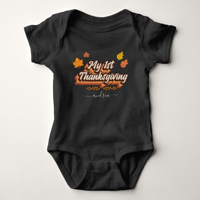 Retro Groovy Typography 1st Thanksgiving Girl Name Baby Bodysuit (Front)