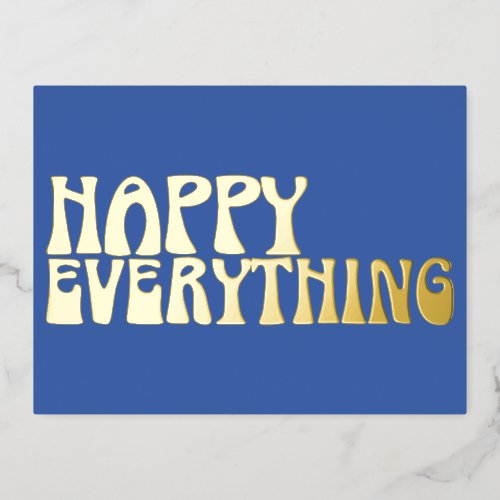 Retro Groovy Typography Happy Everything Blue Gold Foil Holiday Postcard