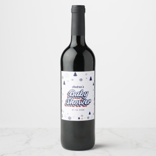 Retro Groovy Typography Winter Xmas Baby Shower   Wine Label