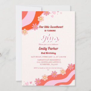 Retro Groovy Valentine Sweetheart 2nd Birthday  Invitation