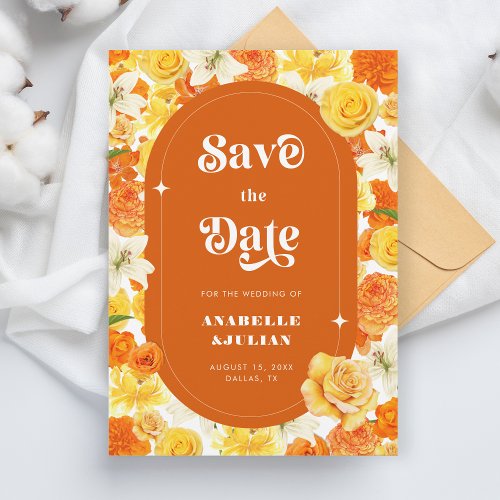 Retro Groovy Vibrant Yellow Orange Floral Wedding Invitation