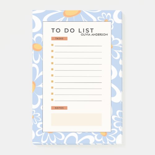 RETRO GROOVY VINTAGE BLUE DAISES TO DO LIST NAME POST_IT NOTES