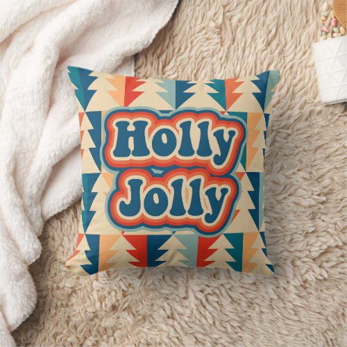 Retro Groovy Vintage Christmas Tree Holly Jolly  Throw Pillow