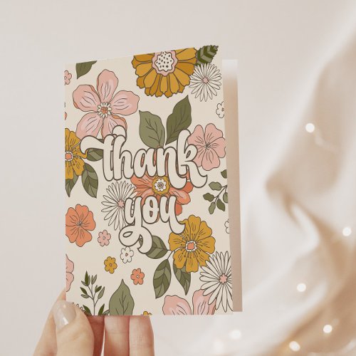 Retro Groovy Vintage Floral Girls Party Thank You Card