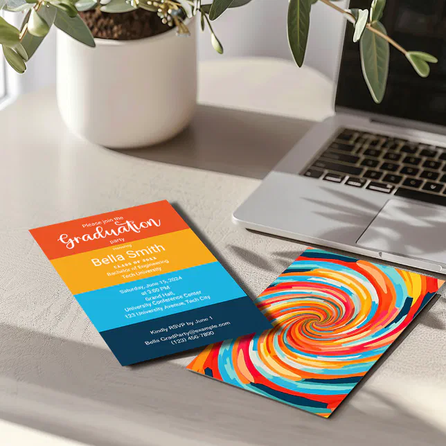 Retro Groovy Vortex Wavy Colorful Graduation Invitation | Zazzle