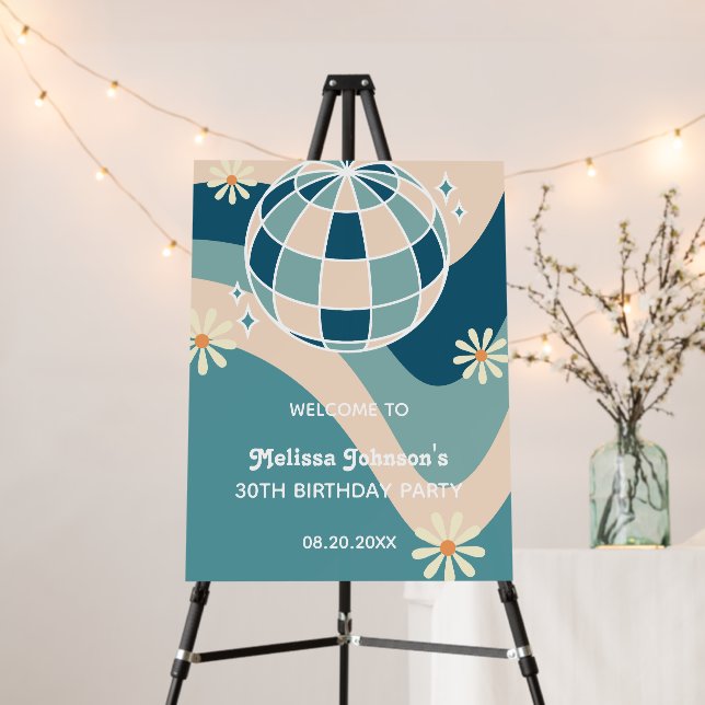 Retro Groovy Wave Disco Ball Daisy Green Birthday Foam Board (In Situ (Stand))