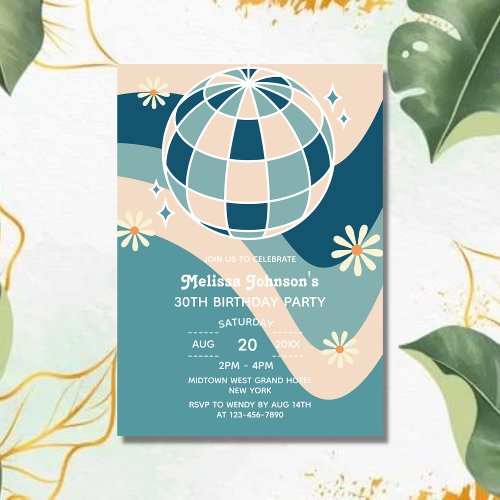 Retro Groovy Wave Disco Ball Daisy Green Birthday Invitation