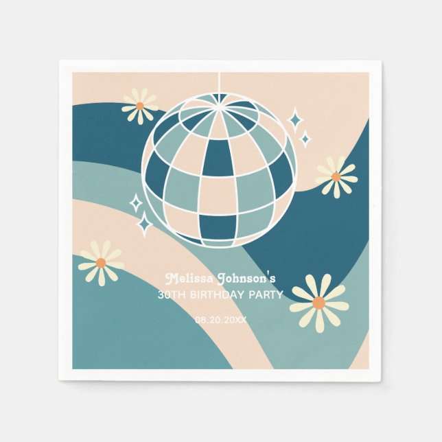 Retro Groovy Wave Disco Ball Daisy Green Birthday Napkins (Front)