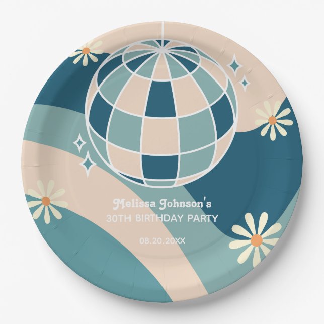 Retro Groovy Wave Disco Ball Daisy Green Birthday Paper Plates (Front)