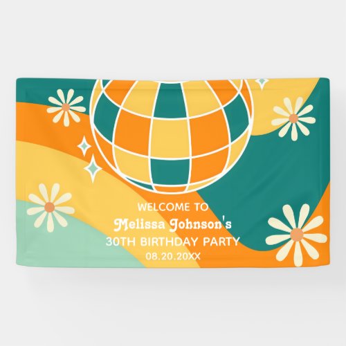 Retro Groovy Wave Disco Ball Daisy Orange Birthday Banner