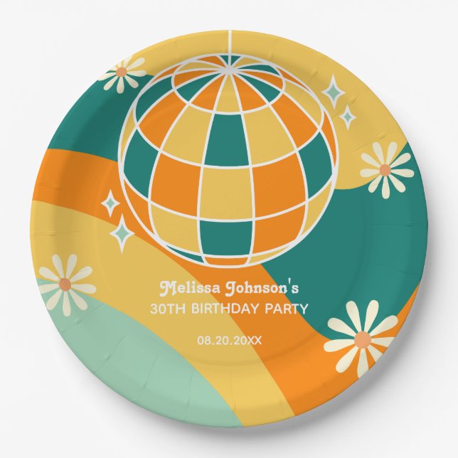 Retro Groovy Wave Disco Ball Daisy Orange Birthday Paper Plates (Front)