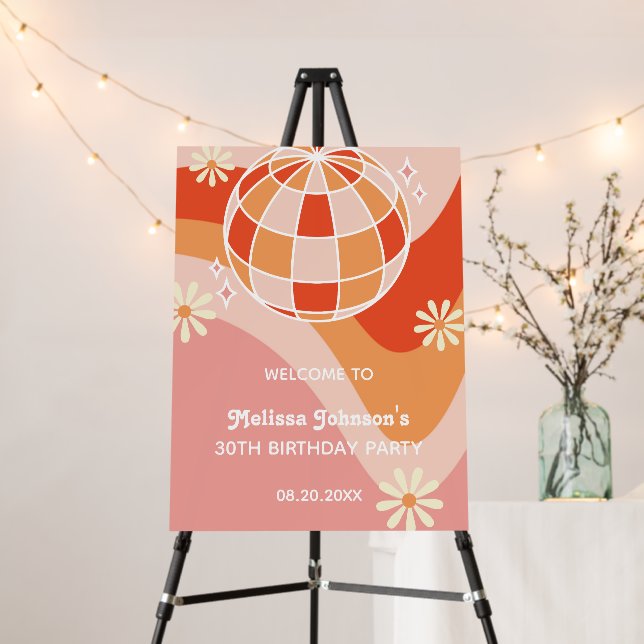 Retro Groovy Wave Disco Ball Daisy Pink Birthday Foam Board (In Situ (Stand))