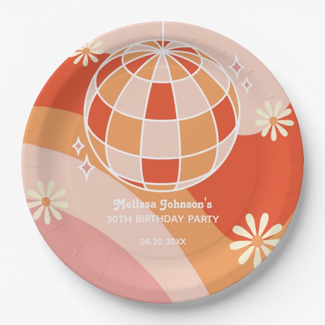Retro Groovy Wave Disco Ball Daisy Pink Birthday Paper Plates (Front)