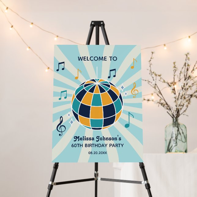 Retro Groovy Wave Disco Ball Musical Blue Birthday Foam Board (In Situ (Stand))