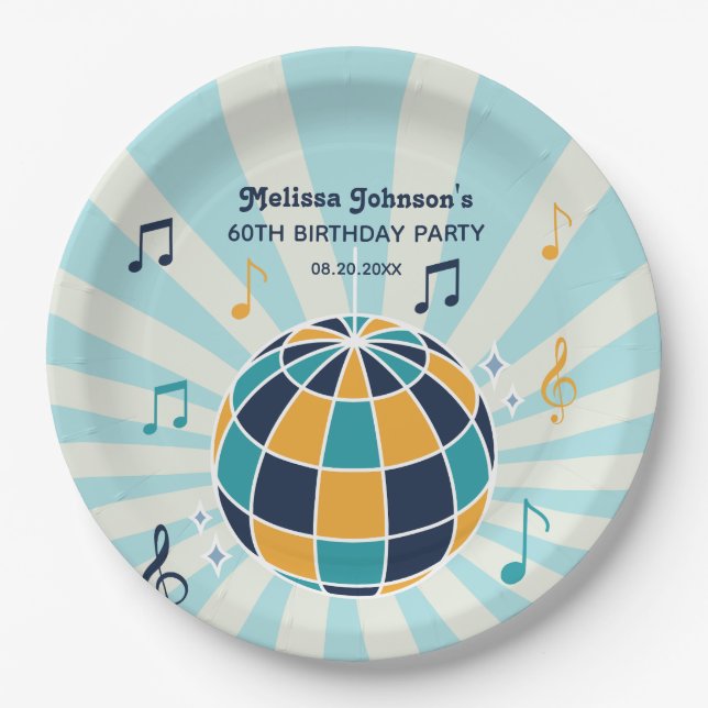 Retro Groovy Wave Disco Ball Musical Blue Birthday Paper Plates (Front)