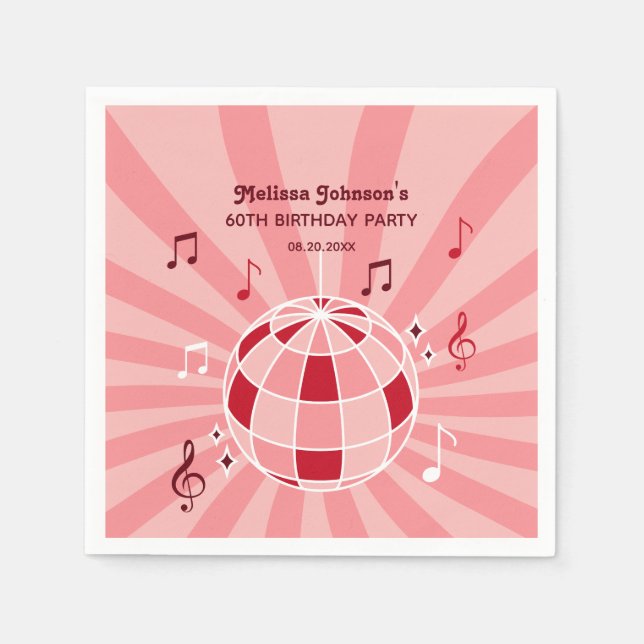 Retro Groovy Wave Disco Ball Musical Pink Birthday Napkins (Front)