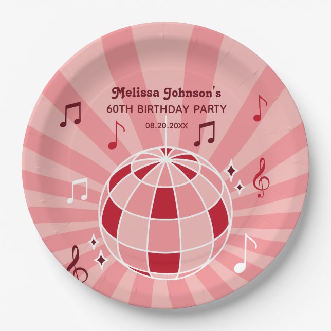 Retro Groovy Wave Disco Ball Musical Pink Birthday Paper Plates (Front)