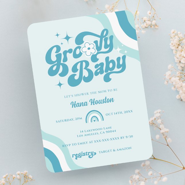 Retro Groovy Wavy Baby Boy Shower Invitation (Creator Uploaded)
