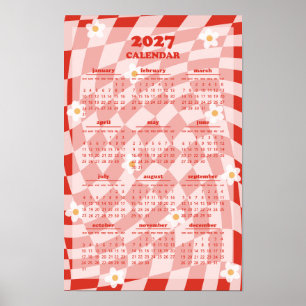 Retro Groovy Wavy Checkered Pattern 2027 Calendar Poster