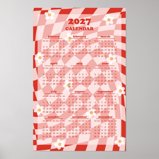 Retro Groovy Wavy Checkered Pattern 2027 Calendar Poster (Front)