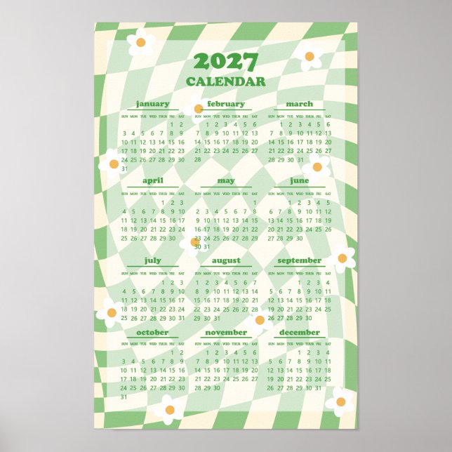 Retro Groovy Wavy Checkered Pattern 2027 Calendar Poster (Front)