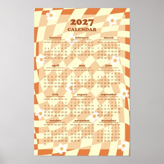 Retro Groovy Wavy Checkered Pattern 2027 Calendar Poster (Front)