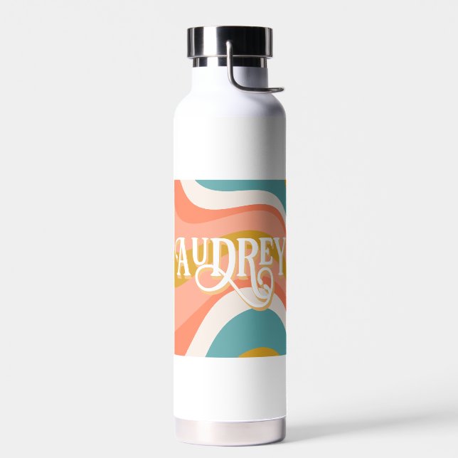 Retro Groovy Wavy Lines Personalized Name Water Bottle (Left)