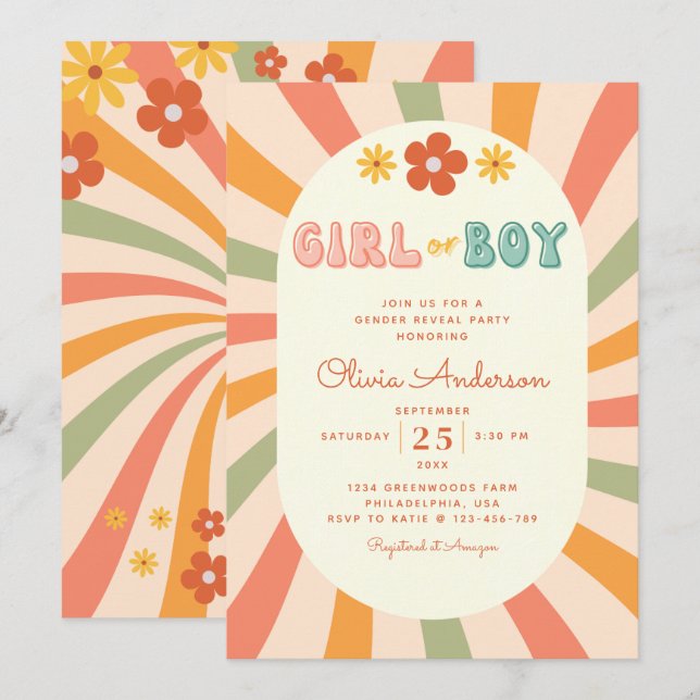 Retro Groovy Wavy Stripes Gender Reveal Party Invitation (Front/Back)