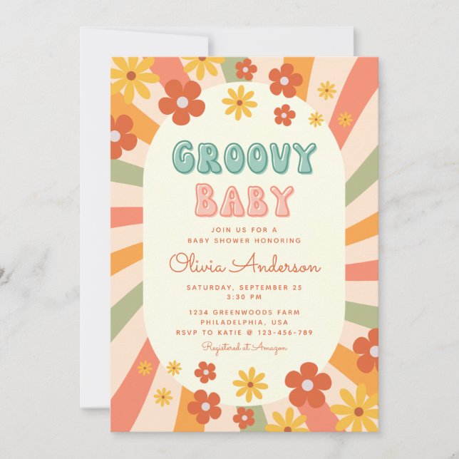 Retro Groovy Wavy Sunshine Flower Baby Shower Invitation (Front)