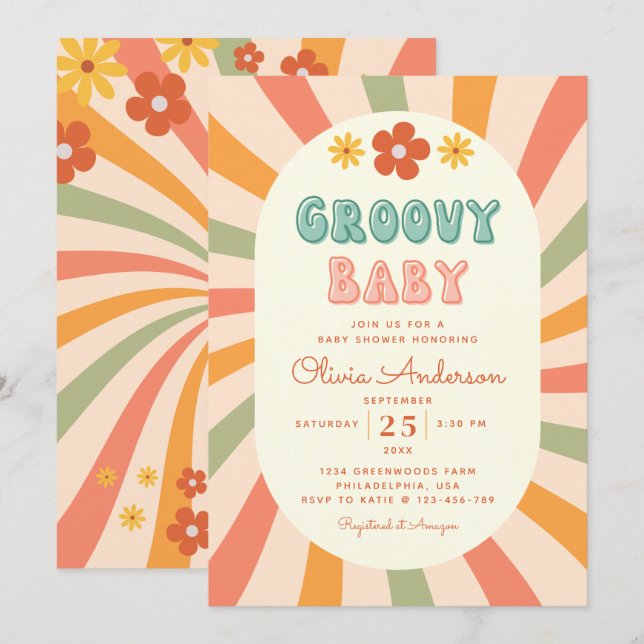 Retro Groovy Wavy Sunshine Flower Baby Shower Invitation (Front/Back)
