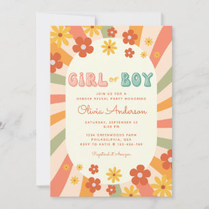 Retro Groovy Wavy Sunshine Flower Gender Reveal Invitation